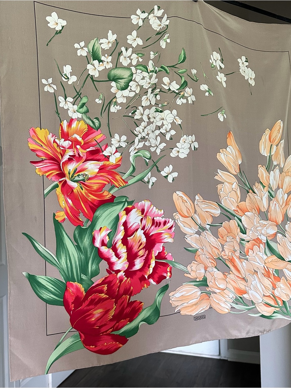 Floral 100% Silk Scarf in Taupe with Red & Peach Blooms Tulip Italian